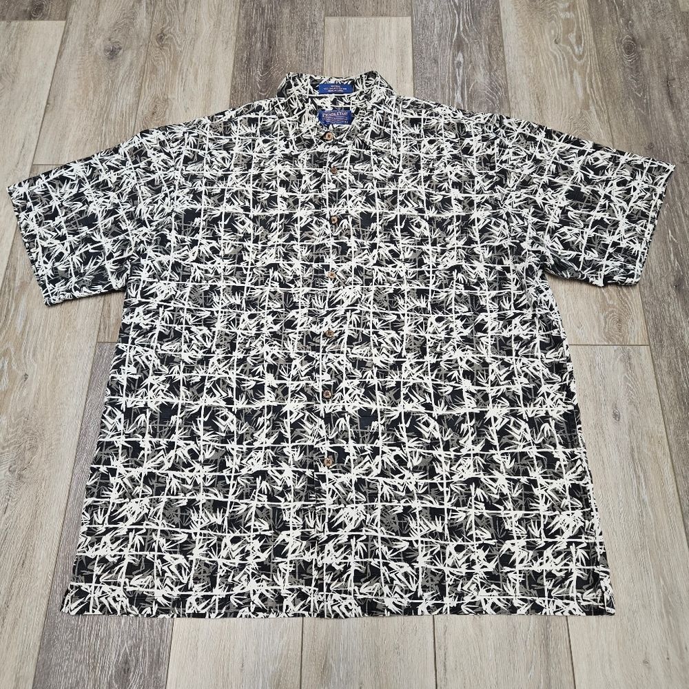 Pendleton Silk Blend Hawaiian Button Down Shirt Grey Black Tropical Men's Large